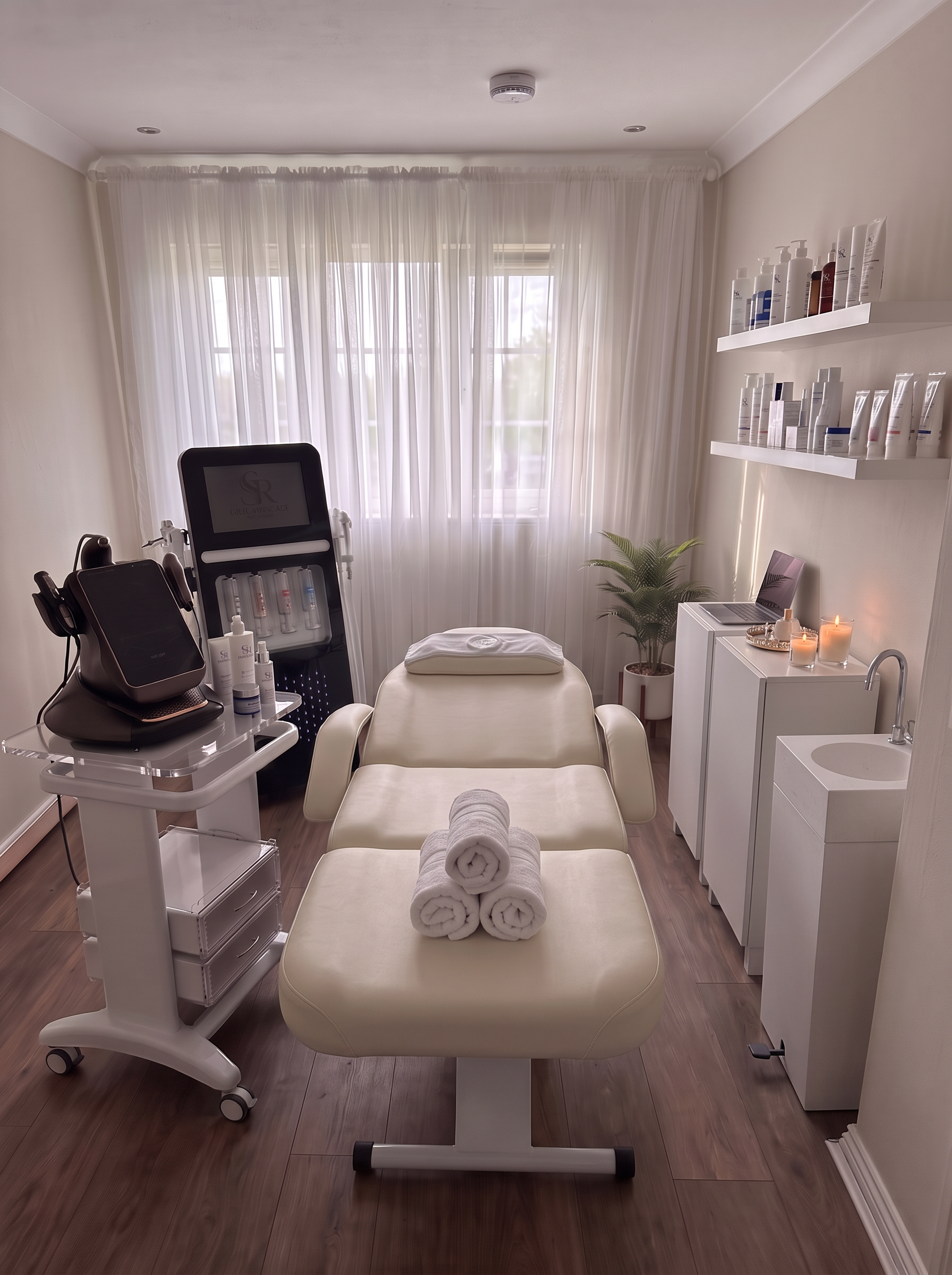 The treatment room with a white-sheeted treatment bed, hydro-facial system, HIFU device on a trolley, product shelves, white cabinets and a stainless steel hand-wash sink